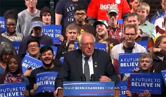 Bernie Sanders giving victory speech after winning Wisconsin