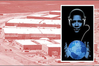 Digital image by Rob Shields depicting President Obama holding the earth with NSA facility in the background