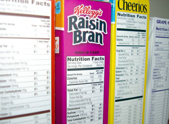 Cereal boxes showing nutrition information labels