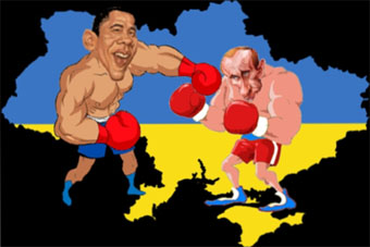 cartoon of Obama throwing a punch at Putin