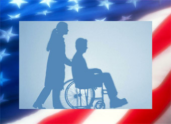 silhoutte of a wheelchair on a flag background