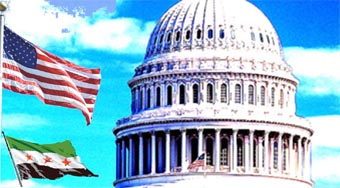 photo composition of US & Syrian flags with US capitol building by Thursday Review
