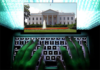 composite of White House on laptop being hacked