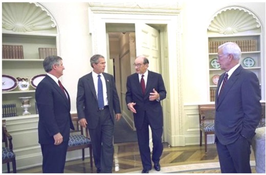 Greenspan with Pres. George W. Bush in the White House; White House photo by Eric Draper